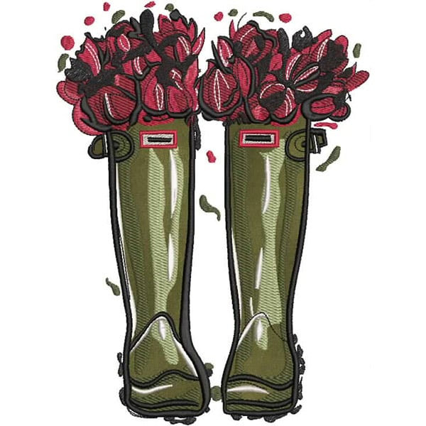 An embroidery design of a pair of green rubber boots overflowing with vibrant red flowers.