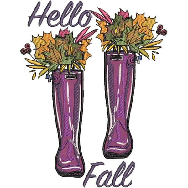 An embroidery design of purple rubber boots filled with colorful autumn leaves and the phrase "Hello Fall."