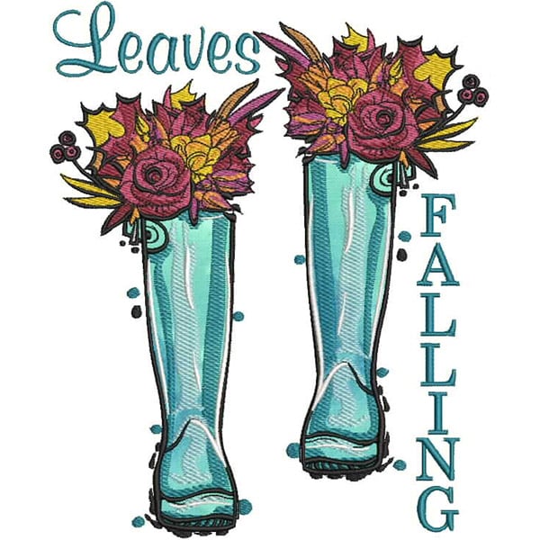 An embroidery design of turquoise rain boots filled with colorful flowers and leaves, accompanied by the words "Leaves Falling."
