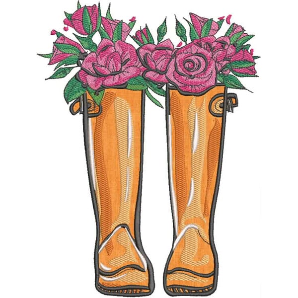 An embroidery design of a pair of orange rubber boots filled with pink roses and green foliage.