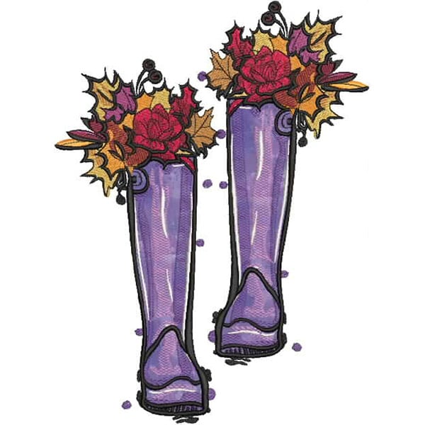 An embroidery design of vibrant purple rain boots adorned with colorful flowers and leaves.