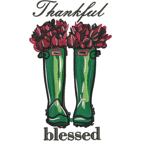 An embroidery design of green rain boots overflowing with flowers, topped with the words "Thankful" and "blessed."