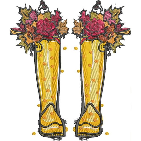 An embroidery design of vibrant yellow rain boots adorned with colorful autumn leaves and flowers at the tops.