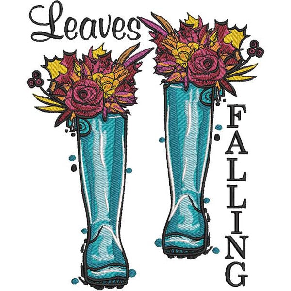 An embroidery design of a pair of teal rubber boots filled with colorful flowers, alongside the words "Leaves Falling."