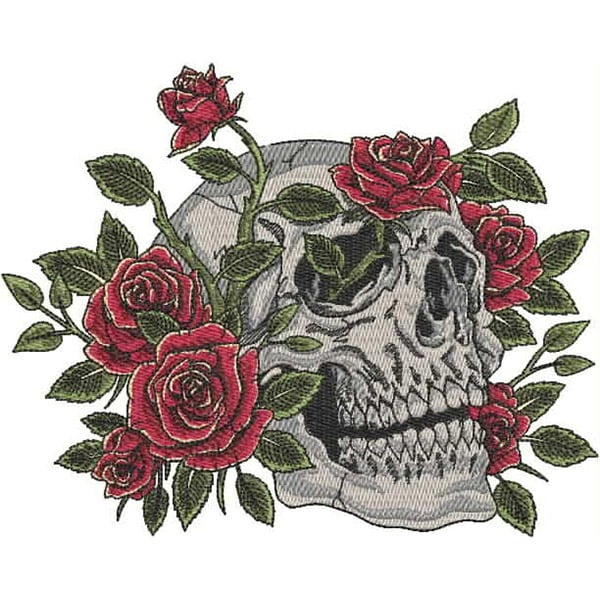 An embroidery design of a skull entwined with lush red roses and green leaves.