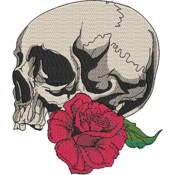 An embroidery design of a detailed skull intertwined with a vibrant red rose, showcasing a striking contrast between life and death.