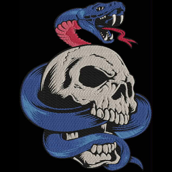 An embroidery design of a skull entwined by a blue snake, with a head of the snake in red and a fierce expression.