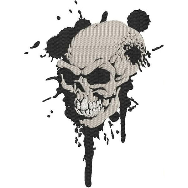 An embroidery design of a detailed skull with shading and splashes of black ink.