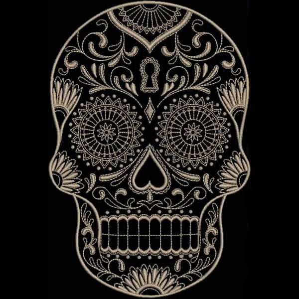An embroidery design of a decorative skull featuring intricate floral patterns and detailed embellishments.