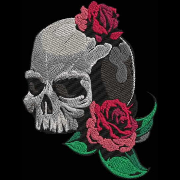 An embroidery design of a skull adorned with vibrant red roses and green leaves.