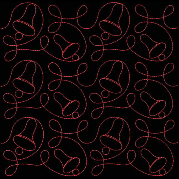 An embroidery design of repeating red bells intertwined with flowing lines, creating a festive pattern.