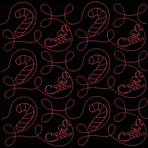 An embroidery design of interwoven candy canes and curling ribbons in vibrant red thread on a black background.