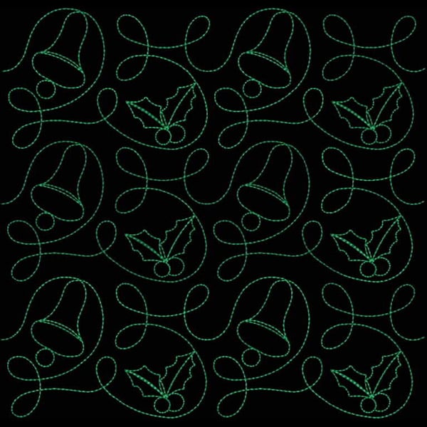An embroidery design of intertwined bells and holly leaves, creating a festive pattern in green stitching.