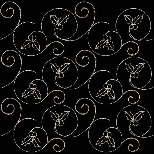 An embroidery design of swirly patterns featuring holly leaves and berries in a contrasting gold thread against a dark background.