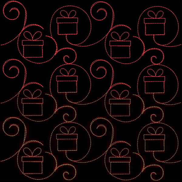 An embroidery design of whimsical gift boxes surrounded by flowing, swirling lines, all rendered in a striking red thread.