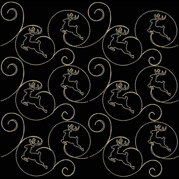 An embroidery design of leaping reindeer enclosed in circular frames with swirling patterns.