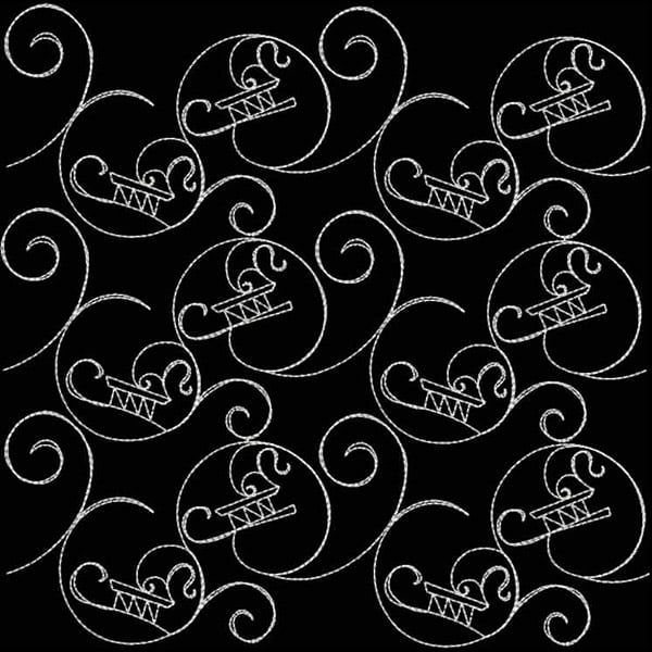 An embroidery design of swirling circular patterns featuring a zigzag motif in a repetitive arrangement.