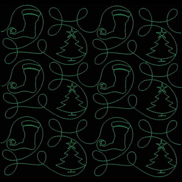 An embroidery design of festive Christmas stockings and trees interspersed with playful swirling lines.