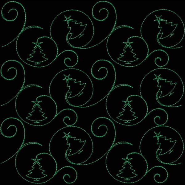 An embroidery design of swirling green lines featuring stylized Christmas trees encircled in a repeating pattern.