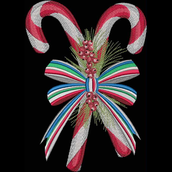 An embroidery design of two festive candy canes adorned with a colorful ribbon and floral accents.