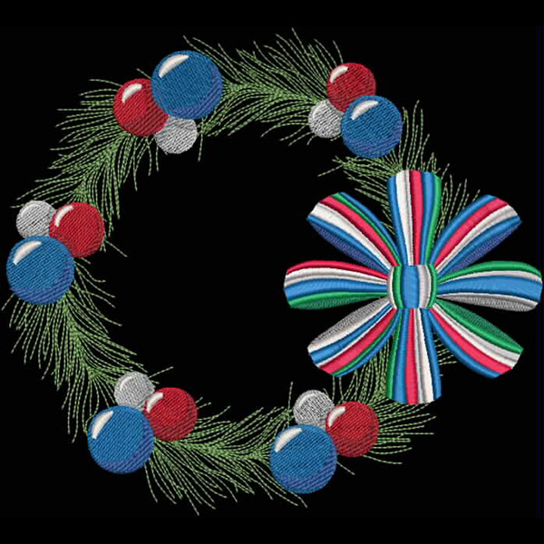 An embroidery design of a festive wreath featuring colorful ornaments and a vibrant striped bow.
