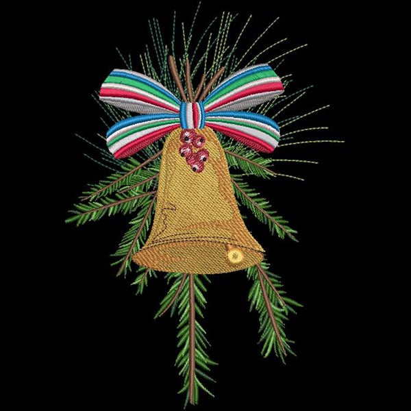 An embroidery design of a golden bell adorned with a colorful ribbon and pine needles.