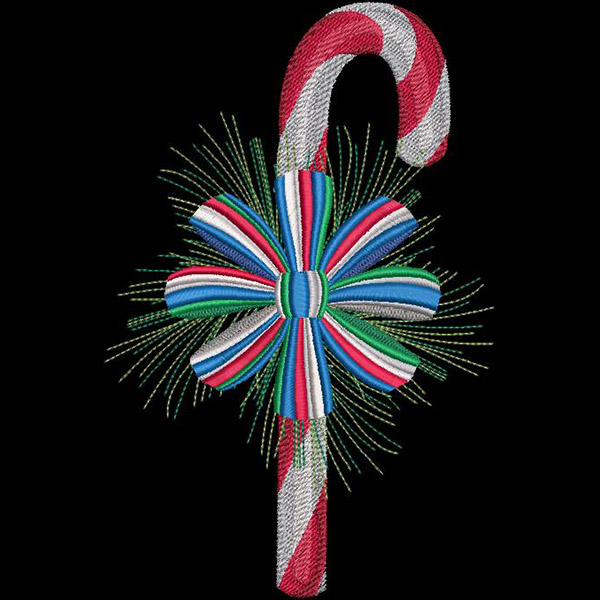 An embroidery design of a festive candy cane adorned with a colorful ribbon bow.