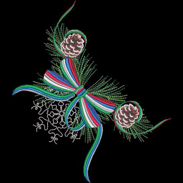 An embroidery design of a festive arrangement featuring two pinecones, greenery, and a colorful ribbon bow.