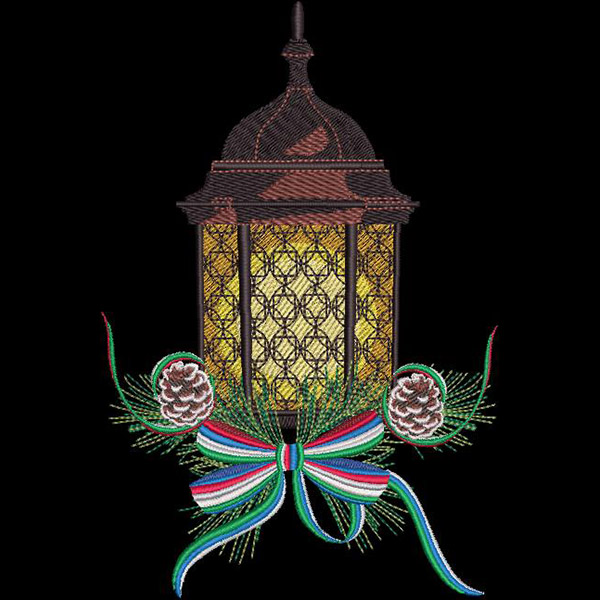 An embroidery design of a decorative lantern adorned with pinecones, greenery, and a colorful ribbon.