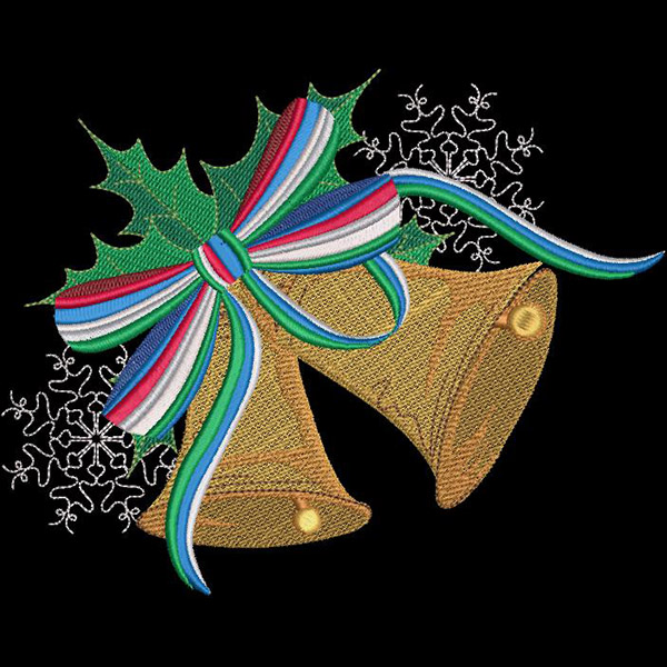 An embroidery design of two golden bells adorned with a colorful ribbon and holly leaves.