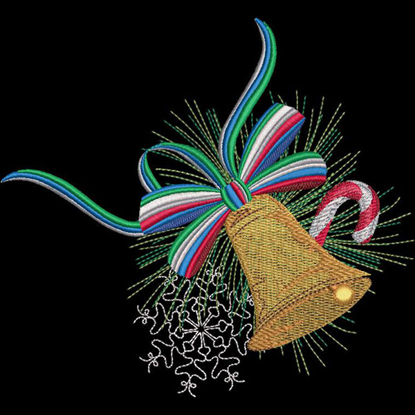 An embroidery design of a festive bell adorned with a colorful ribbon, a candy cane, and decorative elements resembling snowflakes and greenery.
