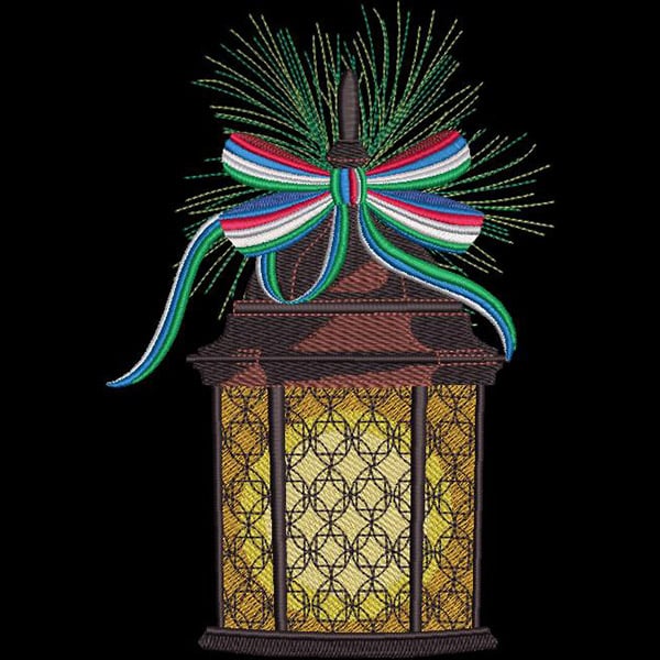 An embroidery design of a decorative lantern adorned with a colorful ribbon and pine-like embellishments.