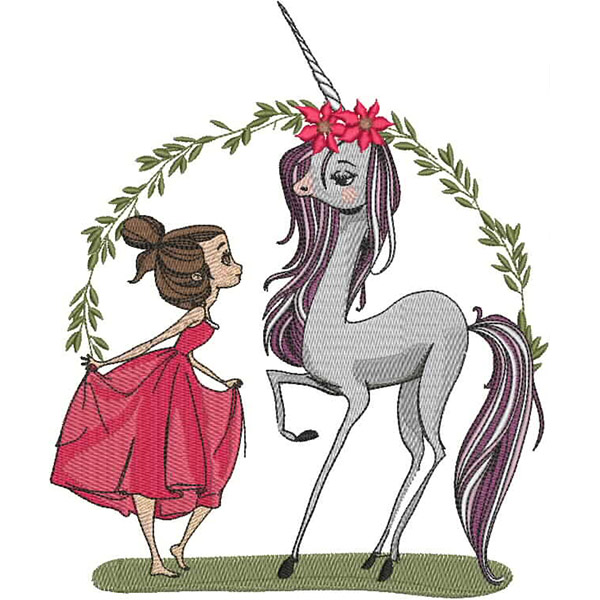 An embroidery design of a girl in a flowing red dress interacting playfully with a unicorn adorned with flowers.