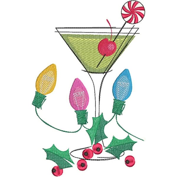 An embroidery design of a festive cocktail glass garnished with a cherry and surrounded by colorful holiday lights and holly.