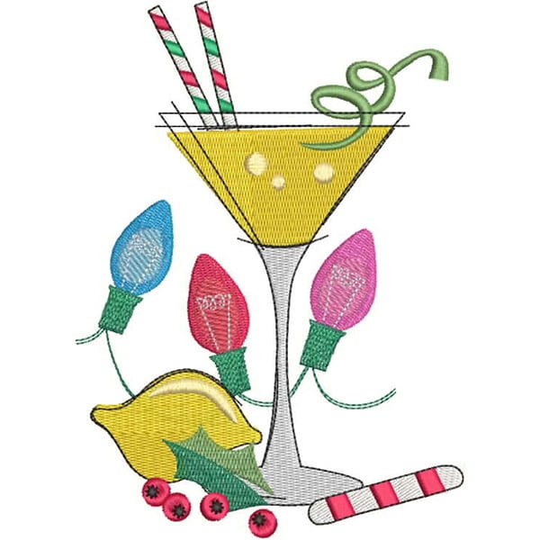 An embroidery design of a festive cocktail glass adorned with colorful holiday lights, a lemon slice, and striped straws.