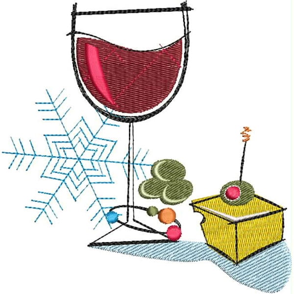 An embroidery design of a stylized wine glass accompanied by olives and a yellow appetizer, highlighted with a snowflake element.