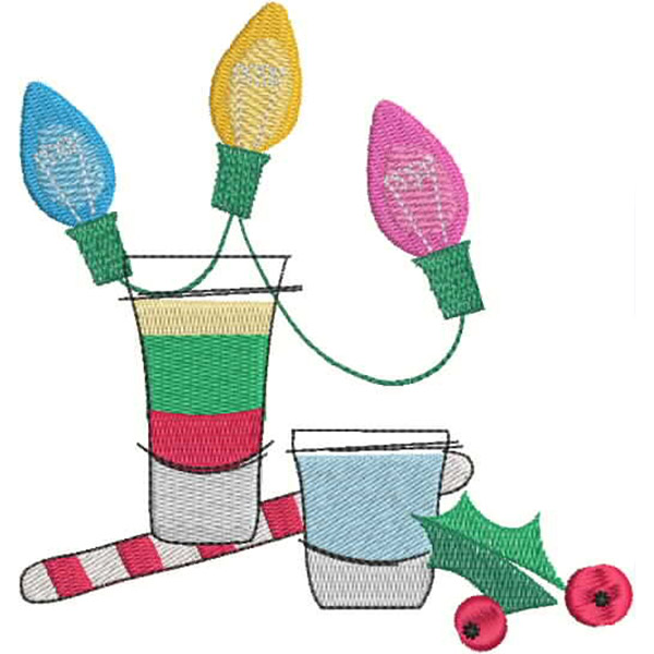 An embroidery design of colorful holiday lights, festive drinks, and candy canes, enhanced with holly leaves and berries.