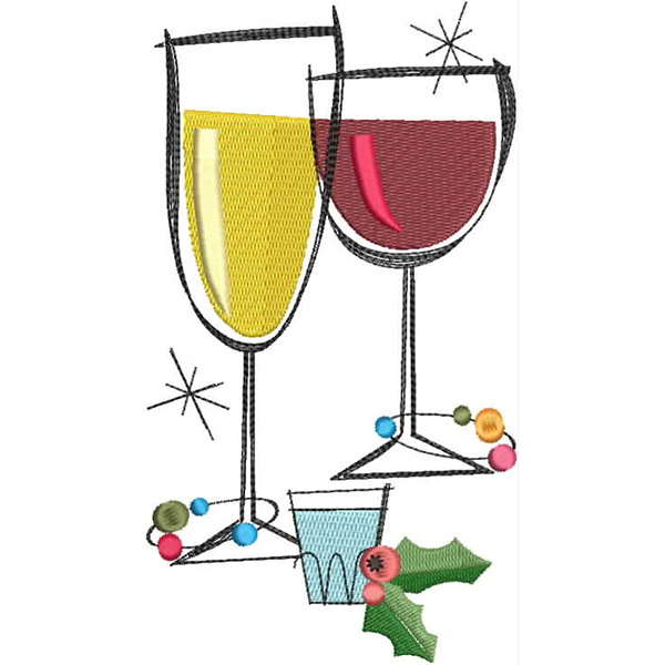 An embroidery design of two glasses filled with yellow and red drinks, accompanied by holiday-themed embellishments.