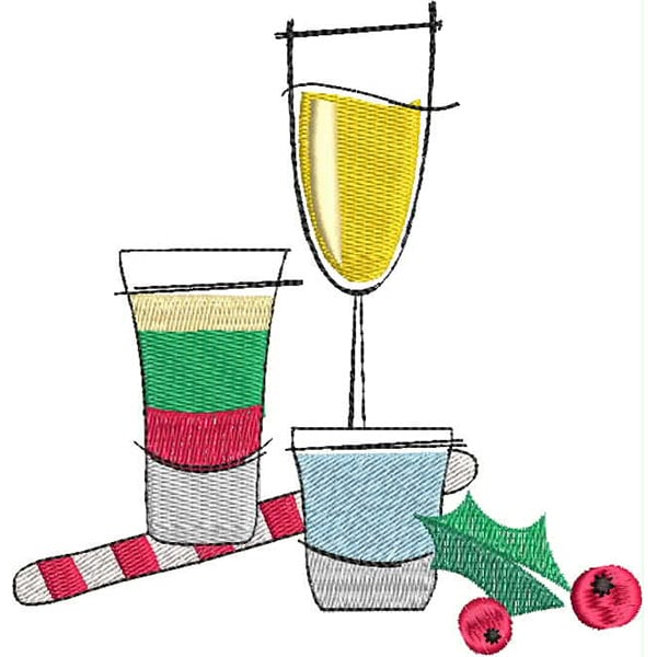 An embroidery design of festive drinks, including a tall champagne flute and colorful layered shot glasses, accompanied by a candy cane and holly.