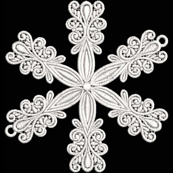 An embroidery design of a beautifully intricate snowflake featuring elegant swirls and curves.