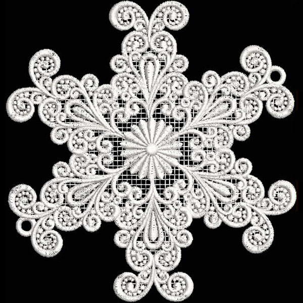 An embroidery design of an intricate white snowflake featuring elaborate swirls and a central floral motif.