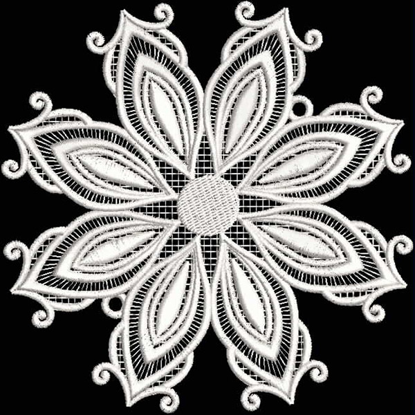 An embroidery design of a symmetrical flower with intricate petal shapes and a central circular motif, all rendered in white against a contrasting background.