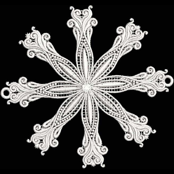 An embroidery design of an intricately detailed snowflake featuring ornate swirls and lace-like patterns.