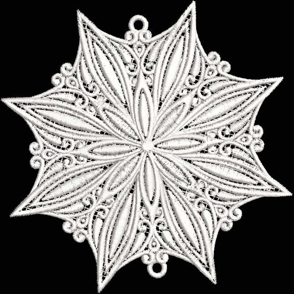 An embroidery design of a detailed white snowflake pattern featuring intricate leaf shapes and delicate scrollwork.