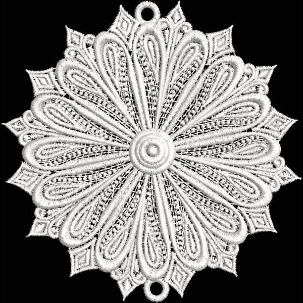 An embroidery design of a detailed, ornate floral pattern featuring symmetrical petals radiating from a central circular motif.