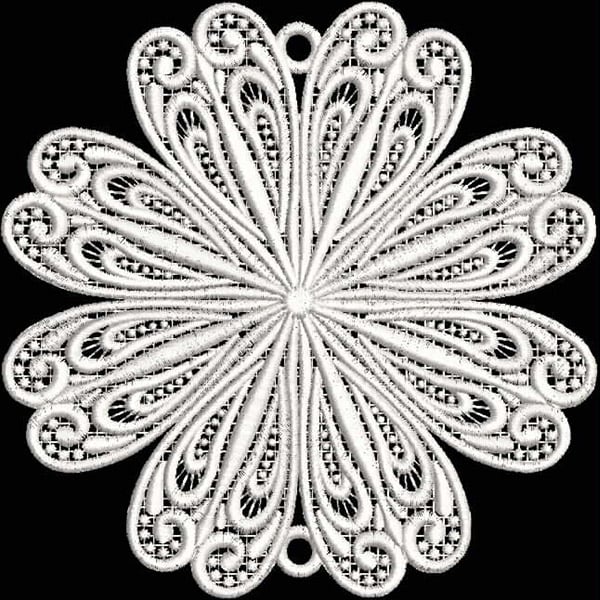 An embroidery design of a delicate, floral-inspired motif featuring intricately looping petals and a central circle.