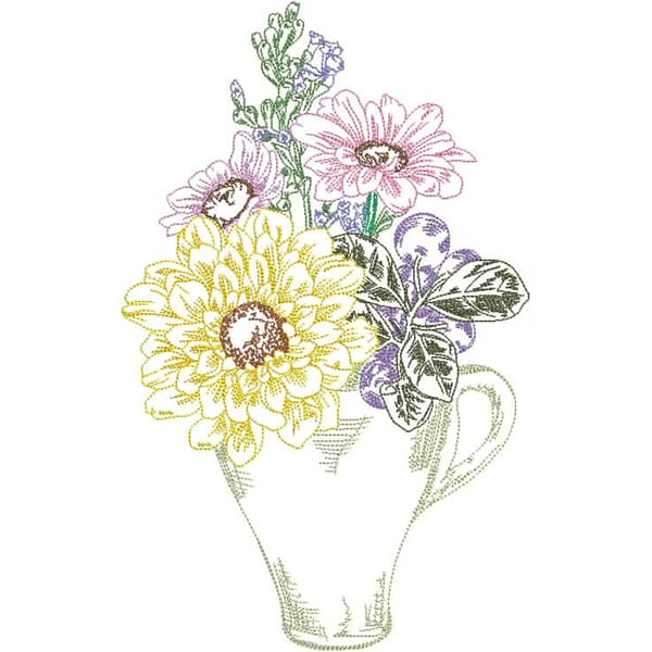 An embroidery design of a vibrant bouquet featuring a yellow flower, pink flowers, and green leaves arranged in a white vase.