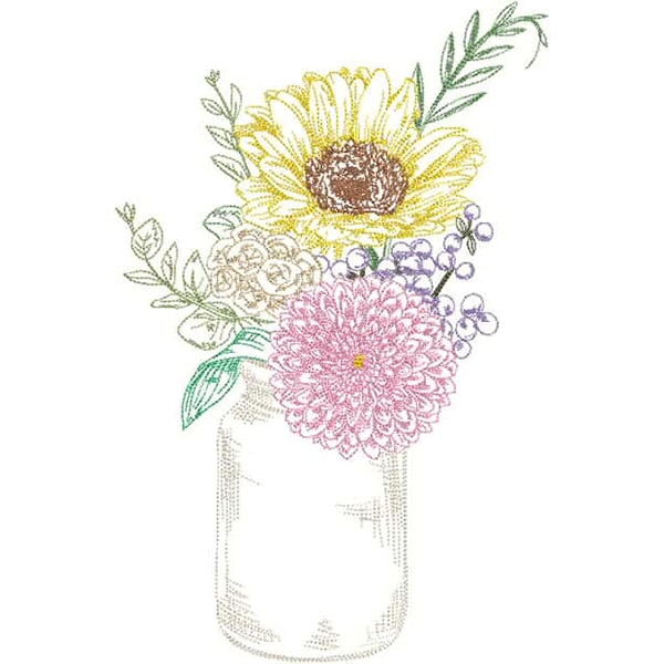 An embroidery design of a colorful bouquet featuring a sunflower, dahlia, and various smaller flowers arranged in a mason jar.