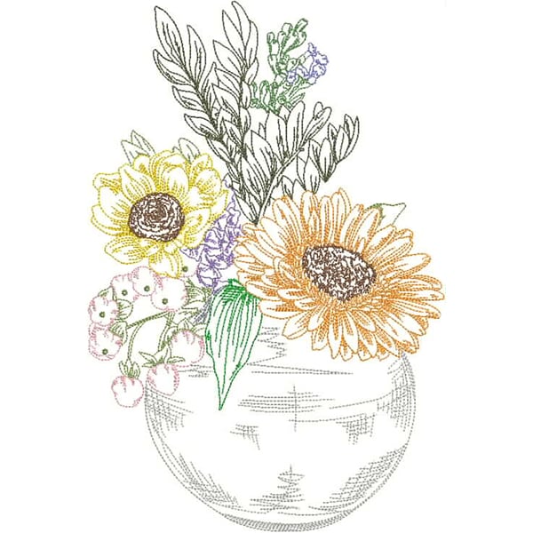An embroidery design of a vibrant bouquet featuring sunflowers, assorted blossoms, and green leaves, thoughtfully arranged in a round vase.