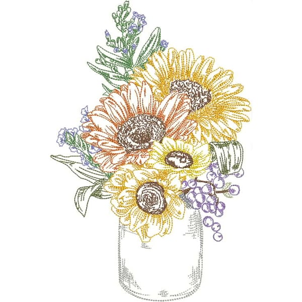 An embroidery design of a colorful bouquet featuring sunflowers, daisies, and delicate greenery arranged in a jar.